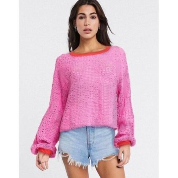 Free People Home Run Pink Cotton Open Crochet Knit Oversized Cropped Sweater XS - Picture 1 of 13